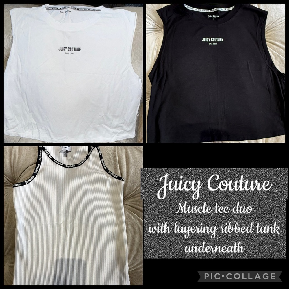 Juicy Couture White & Black Logo Muscle tees with ribbed tank SET